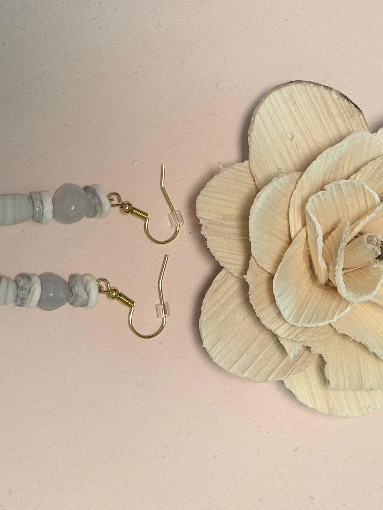 Elegant White And Gray Swirl Glass Bead Drop Earrings With Shell Discs